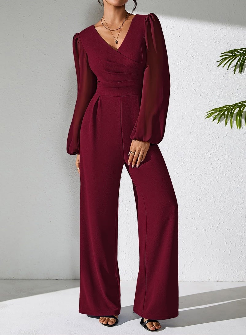 Pink Queen Wedding Jumpsuits for Women Lantern Sleeve Zipper Wide Leg Long Pants Cocktail Rompers Burgundy L - Image 5