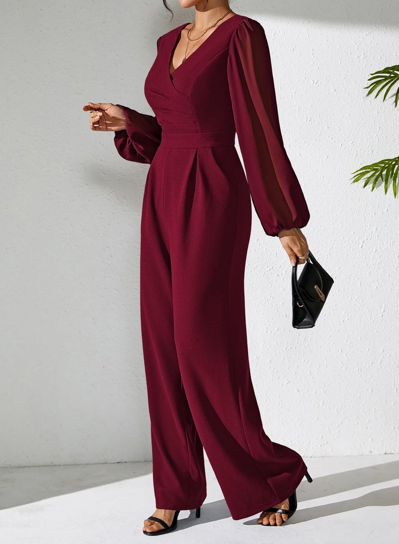 Pink Queen Wedding Jumpsuits for Women Lantern Sleeve Zipper Wide Leg Long Pants Cocktail Rompers Burgundy L - Image 4