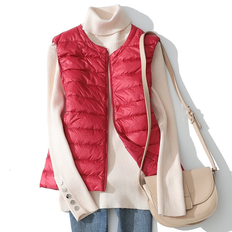 Lightweight Down Vest Women'S Short Round Neck Waistcoat Down Jacket Liner Large Size Vest - Image 1