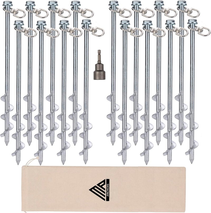 MightyPhine Ground Anchors Screw in - 12" Set of 16 with Drill Bit - Earth Anchors - Ground Stakes Heavy Duty - Mobile Home Anchors - Shed Anchor Kit - Swing Set Anchors - Tree Stakes - Awning Canopy Anchor - Image 1