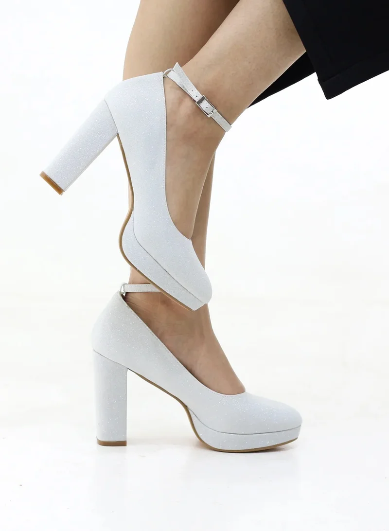 LAMARAPARIS IRANA SHIMMER ANKLE STRAP PLATFORM COURTS HEEL SILVER