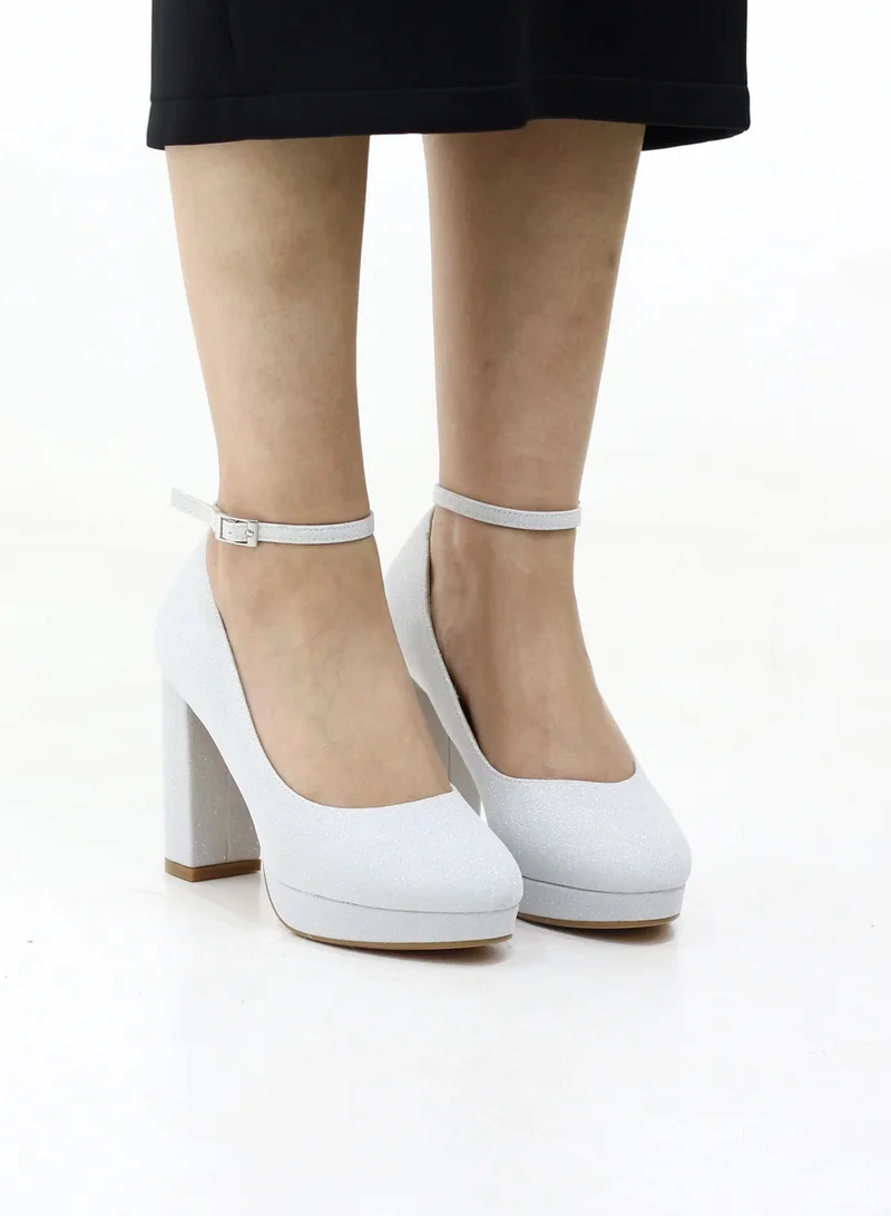 LAMARAPARIS IRANA SHIMMER ANKLE STRAP PLATFORM COURTS HEEL SILVER