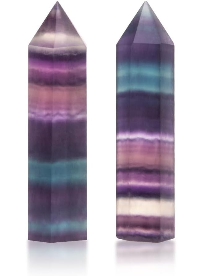 Comidox 2Pcs Natural Rainbow Fluorite Quartz Crystal Hexagonal Wand Healing Crystal Stone Purple Green Gem for Feng Shui Decor Home Office Decor 