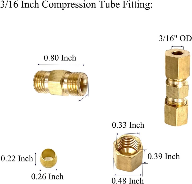 Bumugufu 6 قطع تركيبات أنبوب ضغط نحاسية 3/16 بوصة، 3/16" OD × 3/16" OD تركيبات ضغط نحاسية للتبريد، الماء، الغاز النفطي، والأنظمة الهيدروليكية - Image 2