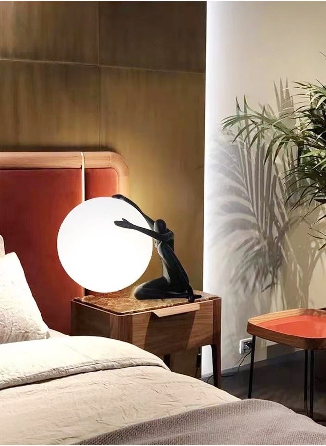 Modern Black Humanoid Holding Ball Statue Table Lamp LED Tricolor Dimming Night Light Desk Lamp for Living Room Bedroom 50x35 cm 