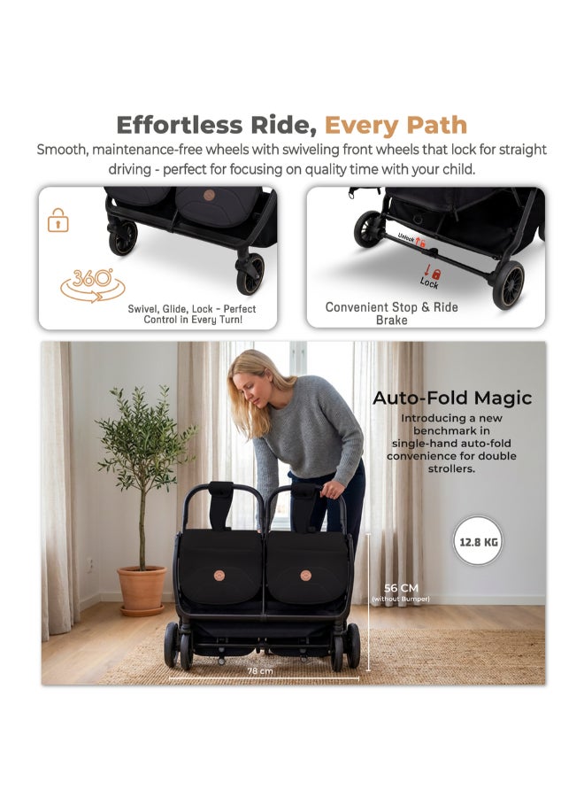 Neobreez Compact Autofold Folding Double Stroller,Twin Stroller,Aluminium Frame,Individual Canopy&Recline Adjustment,Phone Holder,Toy Strap,Reflective Stickers,2 Zippered Pockets,0–4Yrs,3Yrs Warranty-Grey Black - Image 4