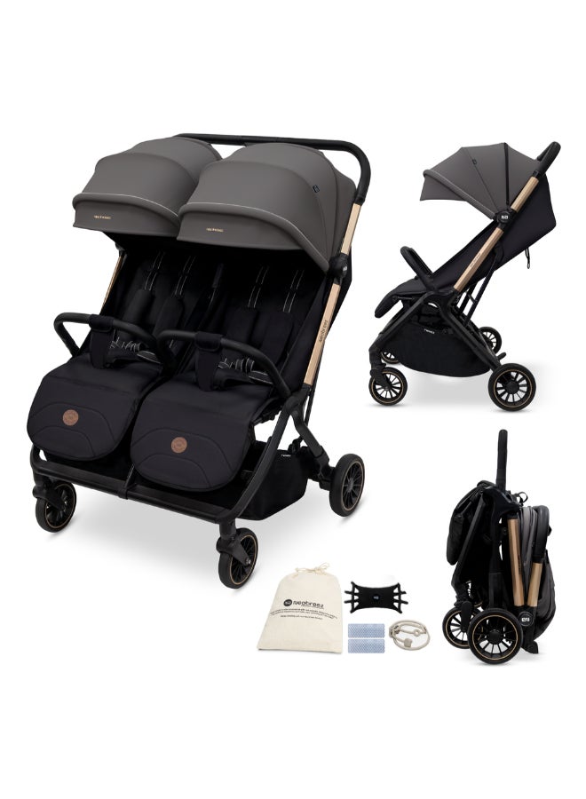 Neobreez Compact Autofold Folding Double Stroller,Twin Stroller,Aluminium Frame,Individual Canopy&Recline Adjustment,Phone Holder,Toy Strap,Reflective Stickers,2 Zippered Pockets,0–4Yrs,3Yrs Warranty-Grey Black - Image 1