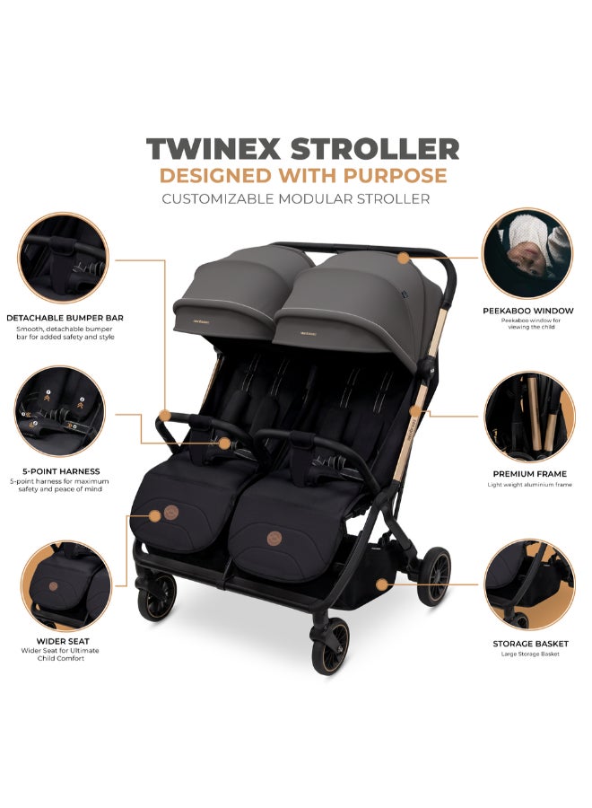 Neobreez Compact Autofold Folding Double Stroller,Twin Stroller,Aluminium Frame,Individual Canopy&Recline Adjustment,Phone Holder,Toy Strap,Reflective Stickers,2 Zippered Pockets,0–4Yrs,3Yrs Warranty-Grey Black - Image 2