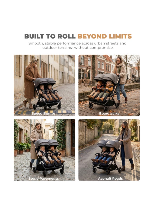 Neobreez Compact Autofold Folding Double Stroller,Twin Stroller,Aluminium Frame,Individual Canopy&Recline Adjustment,Phone Holder,Toy Strap,Reflective Stickers,2 Zippered Pockets,0–4Yrs,3Yrs Warranty-Grey Black - Image 5