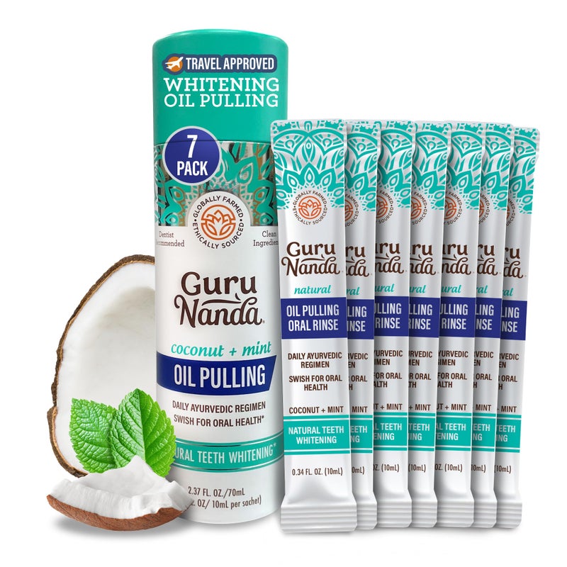 GuruNanda Travel Sachets Coconut Oil Pulling, Fresh Breath & Whitening Mouthwash, 7 Essential Oils & Vitamins for Happy Teeth & Gums, 7 Sachets - Image 1
