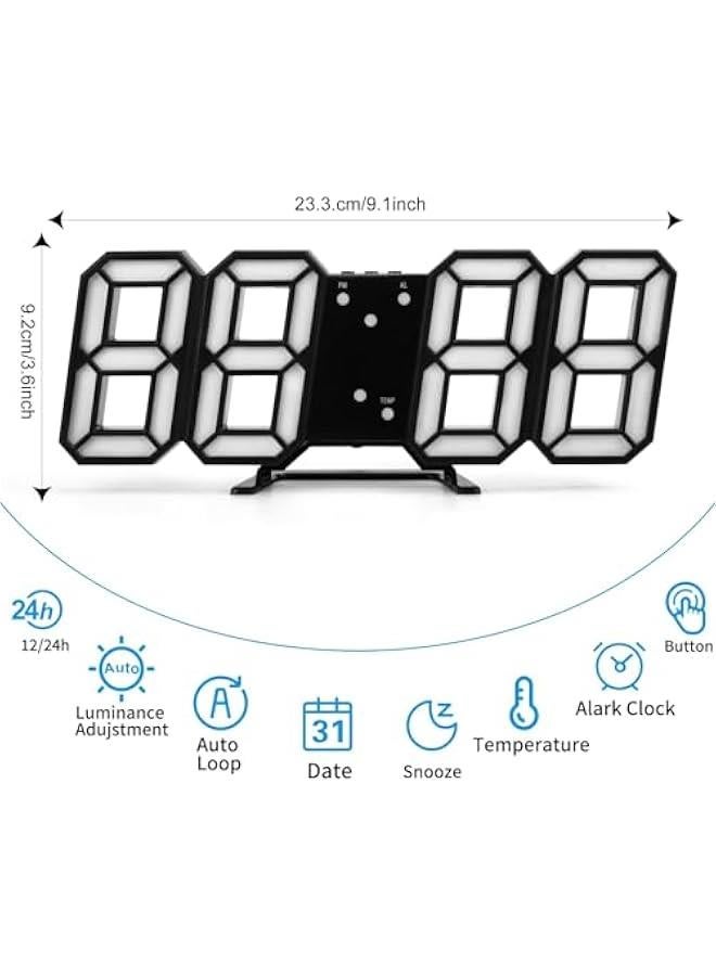 HOOKOR 3D LED Digital Alarm Clock Easy Read, 9.1 Modern Design LED Wall/Desk Clocks with Alarm, Multi-Levels Brightness, Time, Date, Thermometer, Nightlight for Kitchen Bedroom Office (Black) - Image 2