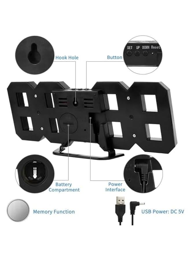 HOOKOR 3D LED Digital Alarm Clock Easy Read, 9.1 Modern Design LED Wall/Desk Clocks with Alarm, Multi-Levels Brightness, Time, Date, Thermometer, Nightlight for Kitchen Bedroom Office (Black) - Image 3