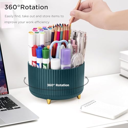 INKULTURE Pencil Pen Holder for Desk, 5 Slots 360° Degree Rotating Organizers and Accessories, Desktop Storage Stationery Supplies Cute Pencil Cup Pot for Office, School, Home, Art Supply, Dark Green - Image 3