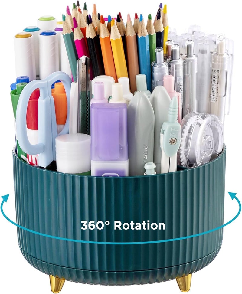 INKULTURE Pencil Pen Holder for Desk, 5 Slots 360° Degree Rotating Organizers and Accessories, Desktop Storage Stationery Supplies Cute Pencil Cup Pot for Office, School, Home, Art Supply, Dark Green - Image 1