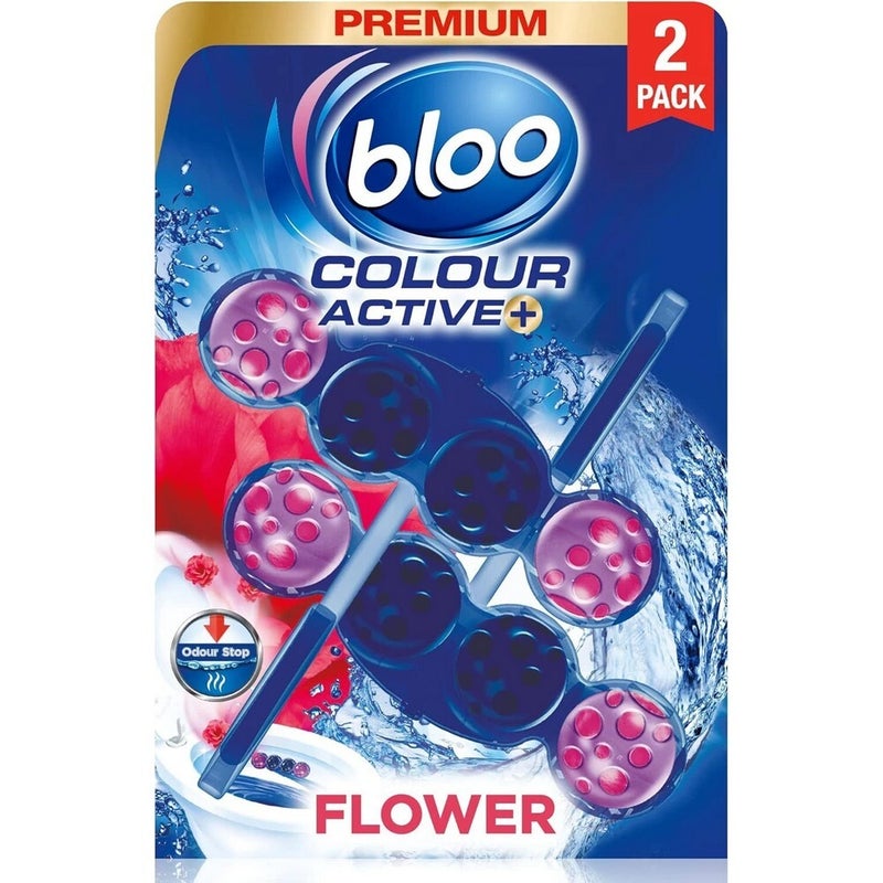 Bloo Colour Active Toilet Block 2x50g Flower Scent – Rim Hanger Freshener for Toilet Cleaning, Stain Removal & Long-Lasting Fragrance - Image 1