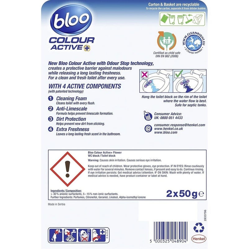 Bloo Colour Active Toilet Block 2x50g Flower Scent – Rim Hanger Freshener for Toilet Cleaning, Stain Removal & Long-Lasting Fragrance - Image 2
