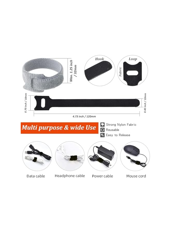 PROMASS Fastening Cable Ties Reusable 5inch Adjustable Wire Ties Strap Cable Management Tidy 60pcs Cord Ties Cord Organizer Wire Tie (Grey, Black, White) - Image 2