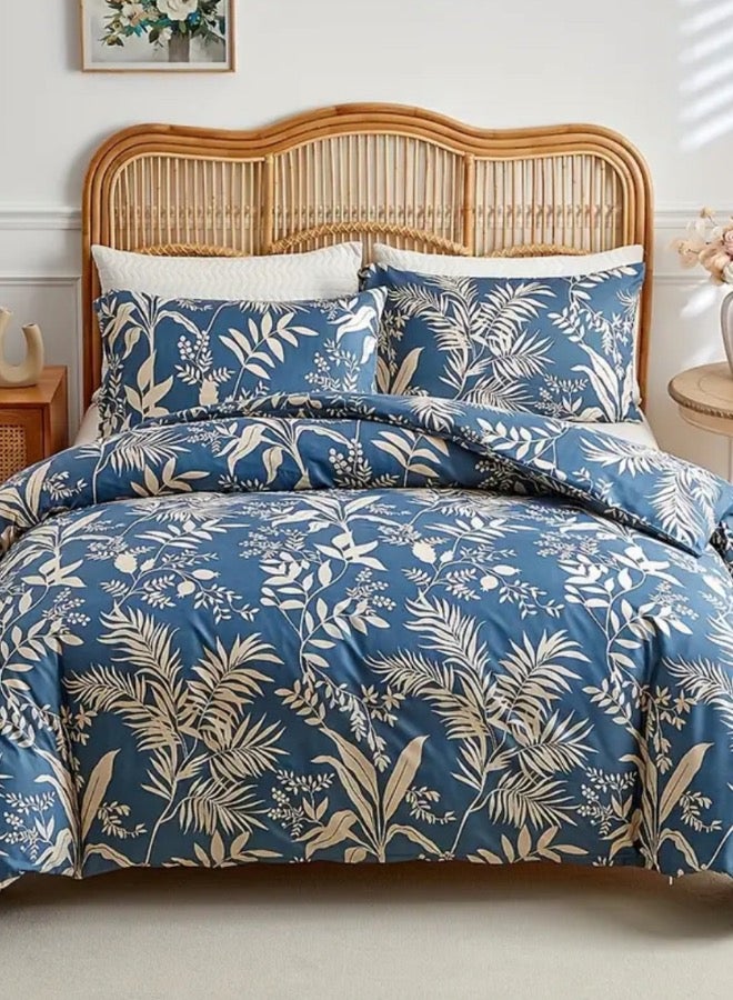 LUNA Home Queen size 6-piece blue with beige leaf style duvet cover set.  - Image 1