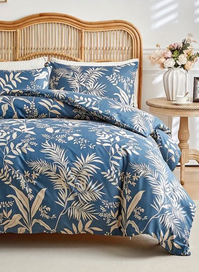 LUNA Home Queen size 6-piece blue with beige leaf style duvet cover set.  - Image 2