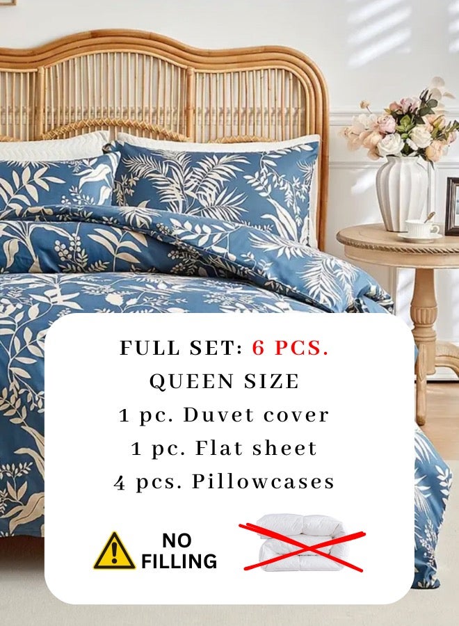 LUNA Home Queen size 6-piece blue with beige leaf style duvet cover set.  - Image 3