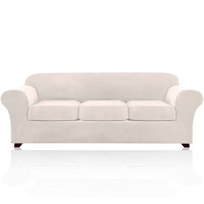PRICEDECO VELVET XL COUCH COVER FOR OVERSIZED SOFA 4 PIECE SOFA COVERS FOR 3 CUSHION COUCH WASHABLE FURNITURE PROTECTOR WITH NON SLIP ELASTIC BOTTOM WIDTH UP TO 97 INCHXLARGE IVORY