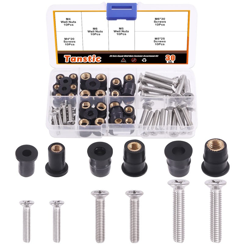 Tanstic 60Pcs M4 M5 M6 Neoprene Well Nut with 20mm 25mm 30mm Stainless Steel Pozi Screws Assortment Kit for Windscreens, Trucks, and Motorcycles - Image 1