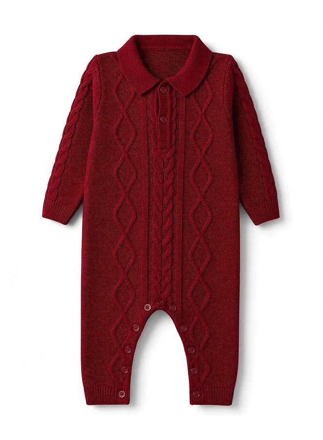 Babyhug Babyhug Knit Full Sleeves Hooded Winter Wear Romper with Cable Knit Design & Cap - Red