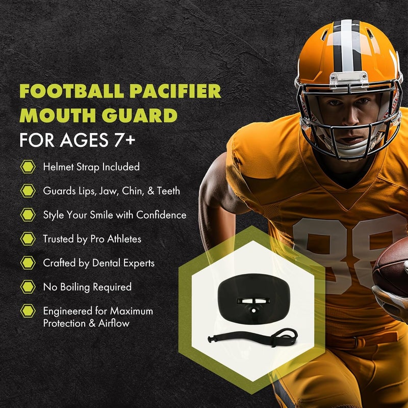 DAMAGE CONTROL Pacifier Mouthpiece – Football Mouthguard with Helmet Strap, Protects Teeth, Jaw & Mouth – Mouth Piece for Sports, No Boiling, Allows Airflow – Gear for Adults & Youth (Black) - Image 2