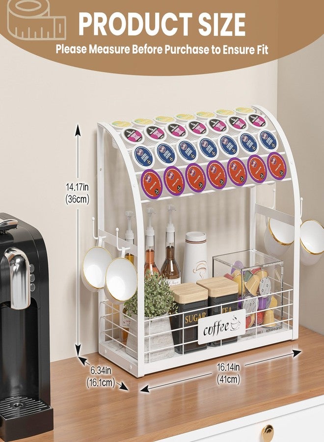 Greatseas Metal K Cup Holder with Wooden Tray, 2-Tier Coffee Bar Organizer with Mug Hooks, Countertop Coffee Pod and Station Accessories - White - Image 3