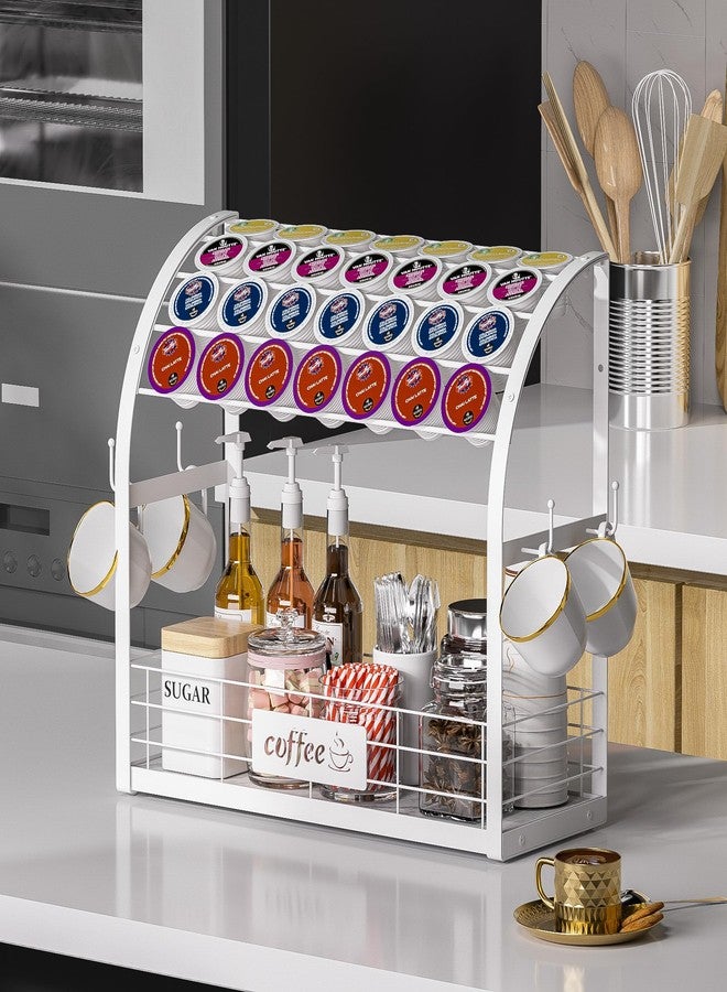 Greatseas Metal K Cup Holder with Wooden Tray, 2-Tier Coffee Bar Organizer with Mug Hooks, Countertop Coffee Pod and Station Accessories - White - Image 4