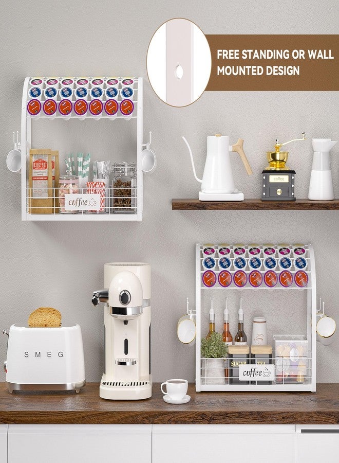 Greatseas Metal K Cup Holder with Wooden Tray, 2-Tier Coffee Bar Organizer with Mug Hooks, Countertop Coffee Pod and Station Accessories - White - Image 5