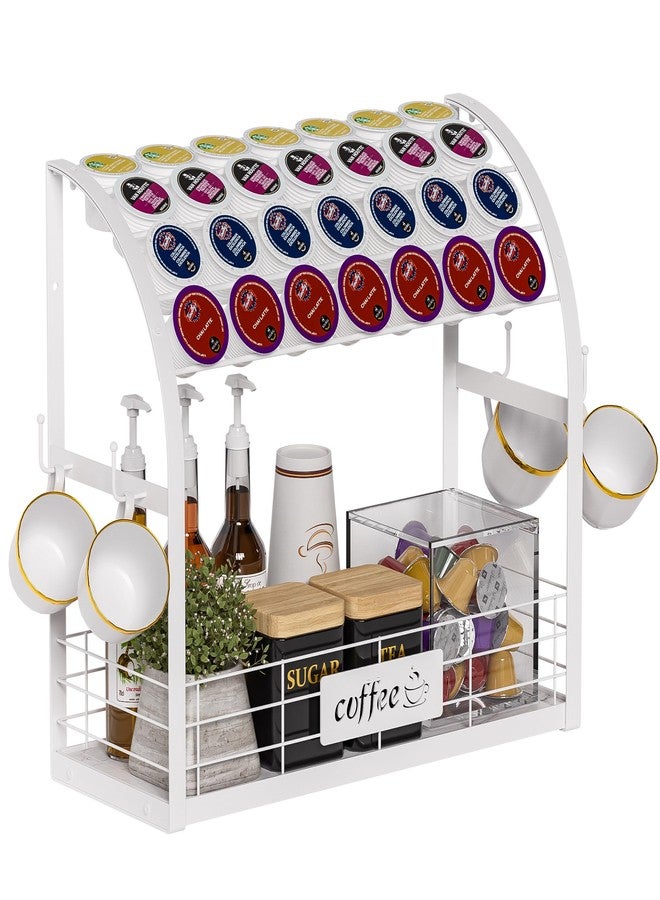 Greatseas Metal K Cup Holder with Wooden Tray, 2-Tier Coffee Bar Organizer with Mug Hooks, Countertop Coffee Pod and Station Accessories - White - Image 1