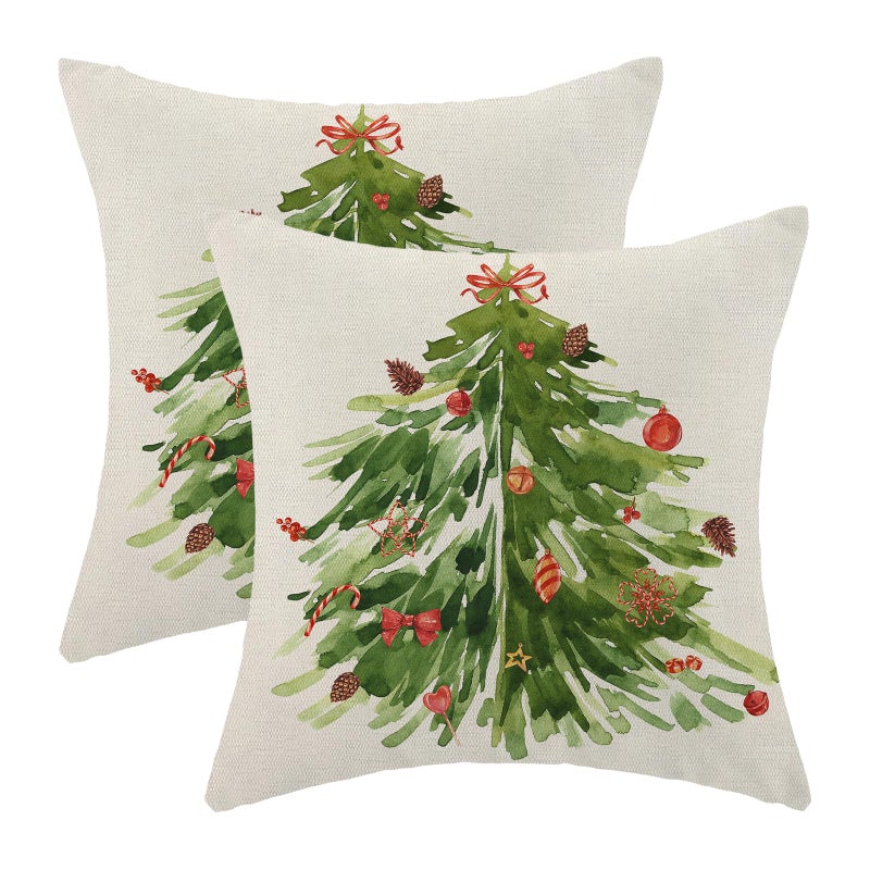 AEIOAE Watercolor Green Tree Pillow Covers 20x20 Inch Set of 2 Nature Forest Decorative Throw Pillows Farmhouse Linen Christmas Winter Pillow Case for Couch Sofa Bedroom Outdoor Decor - Image 1