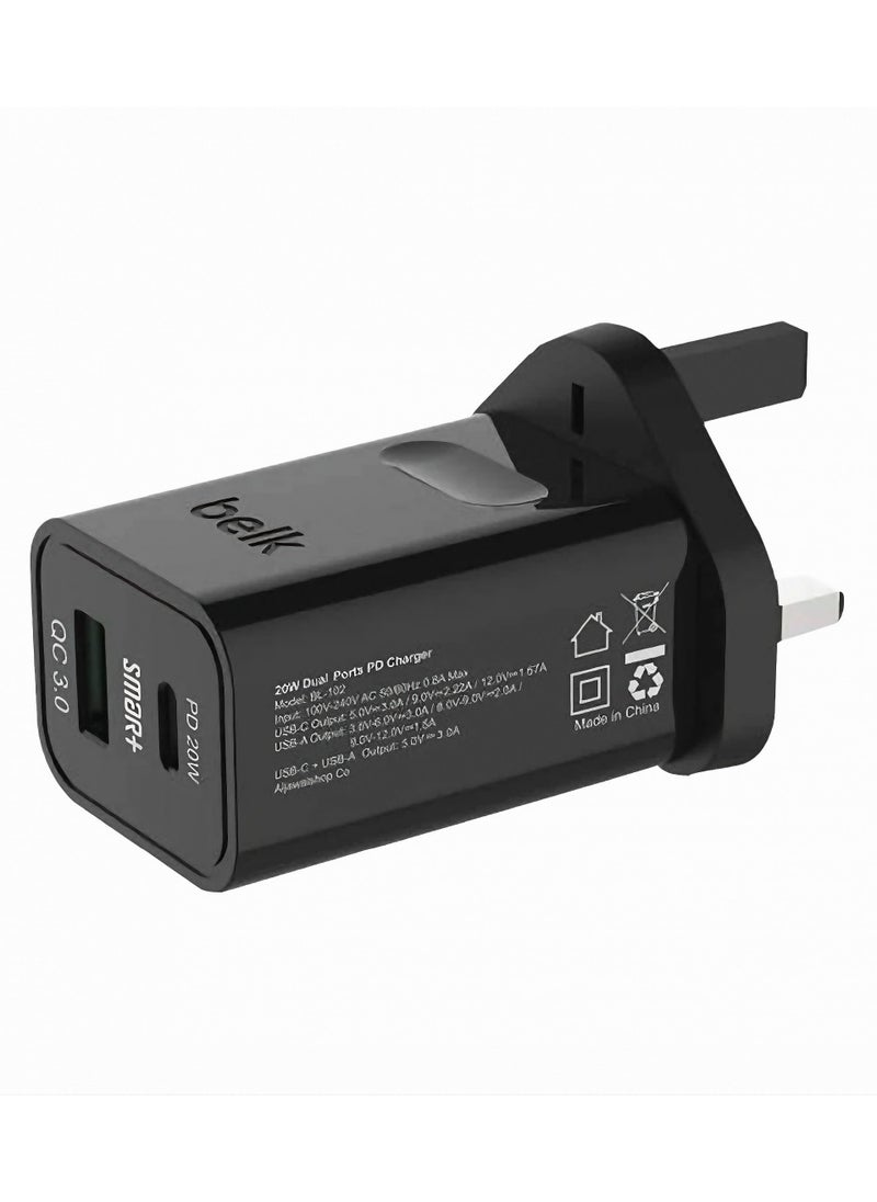 Belk Smart Charger 20W PD+QC: Fast Charge for Two Devices Simultaneously Black