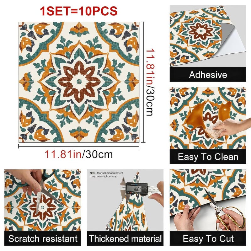 هوميتيتوت 10 قطع 12×12 بوصة بلاط أرضيات بوهو مغربي بنقوش زهور، قابل للتقشير واللصق، قابل للإزالة، ذاتي اللصق، ملصقات فينيل للأرضيات DIY للمطبخ والحمام وغرفة المعيشة والمدخل وديكور المنزل - Image 3