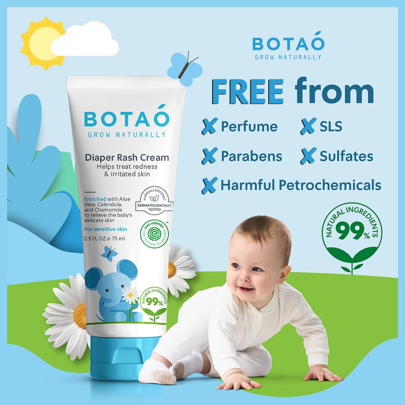 BOTAO Baby's Natural Diaper Cream | Organic Diaper Cream EWG Verified | Naturally Soothes Baby Rashes | Baby zinc Ointment Natural | For Sensitive Skin with Aloe Vera & Calendula, 2.5Oz - Image 2