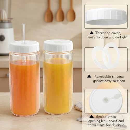 Ruckae 16oz Juice Bottles,Ribbed Glass Juicing Bottles with Lids,Smoothie Cup Lids and Straws,Water Bottle Mason Jar Drinking Glasses for Juicing,Smoothies,Kombucha (Clear-8 pack) - Image 3