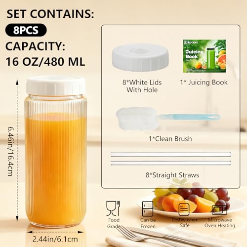Ruckae 16oz Juice Bottles,Ribbed Glass Juicing Bottles with Lids,Smoothie Cup Lids and Straws,Water Bottle Mason Jar Drinking Glasses for Juicing,Smoothies,Kombucha (Clear-8 pack) - Image 2