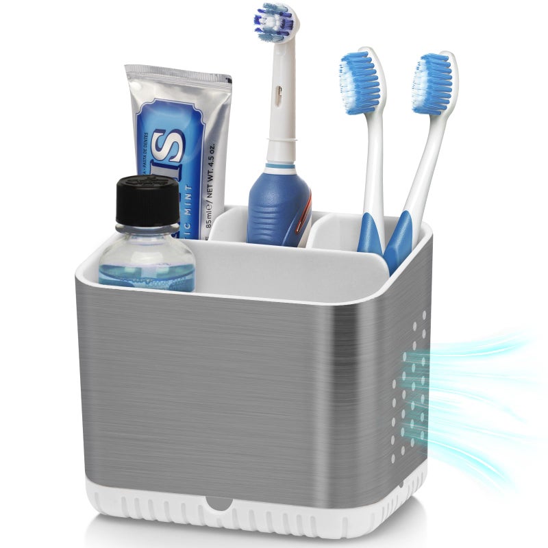 Parkmani Toothbrush Holders For Bathrooms  Kids Electric Toothbrush And Toothpaste Holder  Brushed Nickel Toothbrush Caddy  Tooth Brushing Stand For Bathroom Organizer Countertop (Brushed Silver) - Image 1