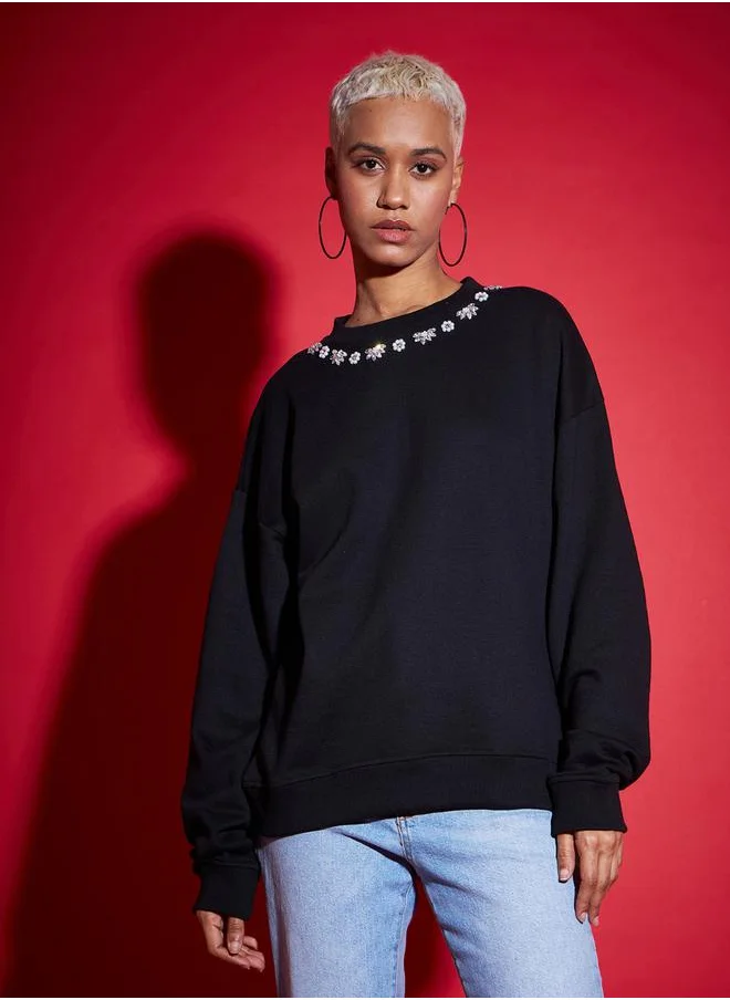 SASSAFRAS Oversized Studded Faux Pearl Terry Sweatshirt