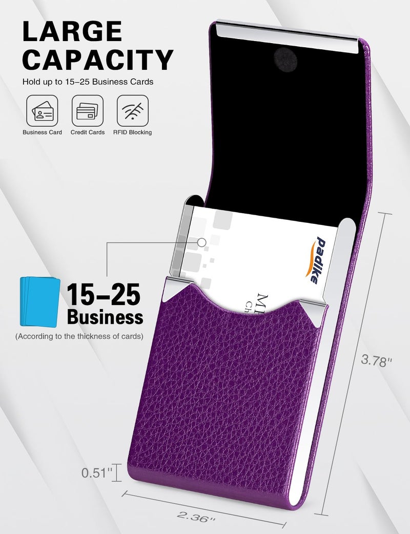 Padike PU Leather Business Card Holder for Women Slim Pocket Business Name Card Holder Stainless Steel Business Card Case with Magnetic Shut (Purple) - Image 4