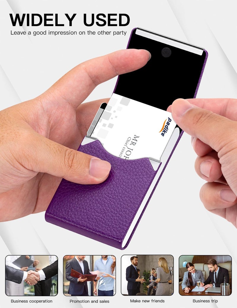 Padike PU Leather Business Card Holder for Women Slim Pocket Business Name Card Holder Stainless Steel Business Card Case with Magnetic Shut (Purple) - Image 5