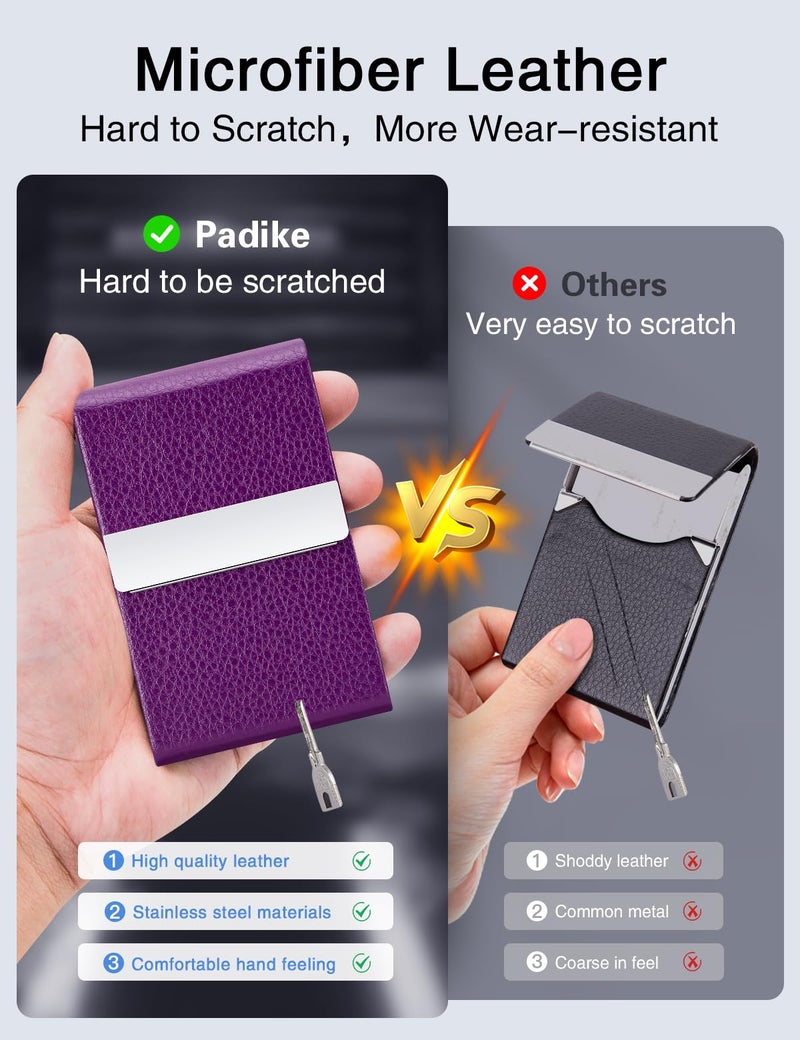 Padike PU Leather Business Card Holder for Women Slim Pocket Business Name Card Holder Stainless Steel Business Card Case with Magnetic Shut (Purple) - Image 3