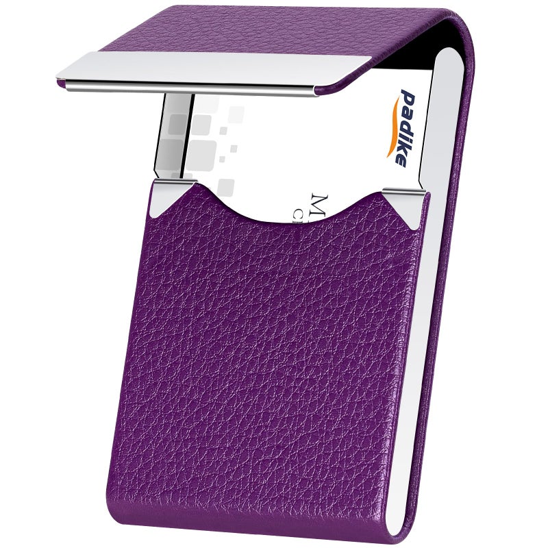 Padike PU Leather Business Card Holder for Women Slim Pocket Business Name Card Holder Stainless Steel Business Card Case with Magnetic Shut (Purple) - Image 1