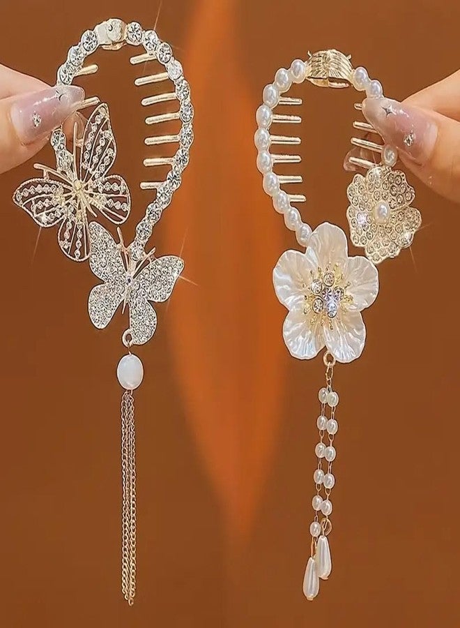 Ashkash 2Pcs Elegant Vintage Premium Versatile Tassel Claw Clips, Shiny Rhinestone Flower & Butterfly Bun Buckles, Women Girls Casual Party Supplies, Princess Fairy Style Hair Accessories - Image 1