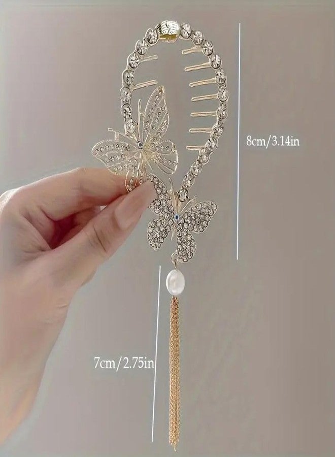 Ashkash 2Pcs Elegant Vintage Premium Versatile Tassel Claw Clips, Shiny Rhinestone Flower & Butterfly Bun Buckles, Women Girls Casual Party Supplies, Princess Fairy Style Hair Accessories - Image 4