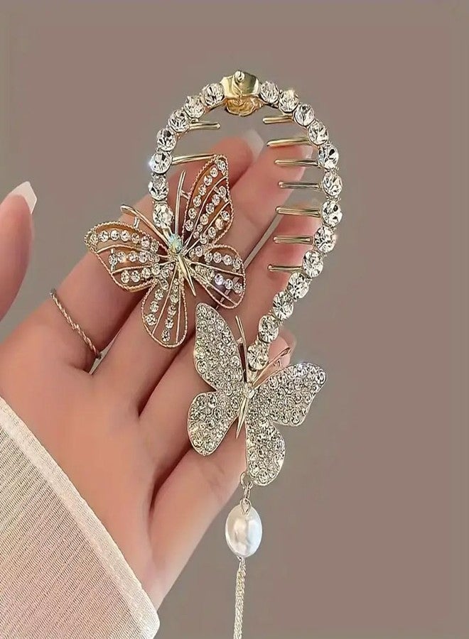 Ashkash 2Pcs Elegant Vintage Premium Versatile Tassel Claw Clips, Shiny Rhinestone Flower & Butterfly Bun Buckles, Women Girls Casual Party Supplies, Princess Fairy Style Hair Accessories - Image 3
