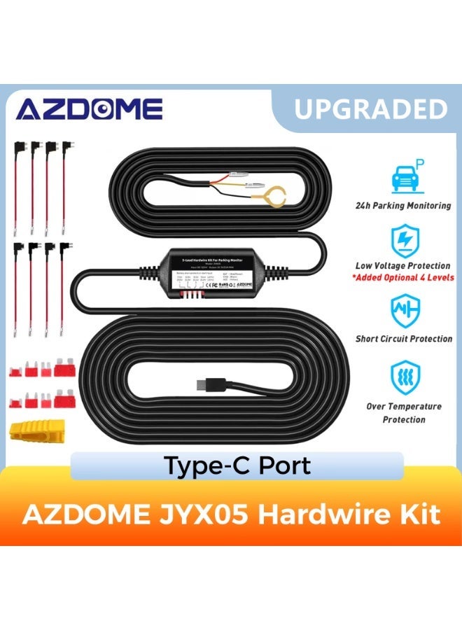 أزدوم 3-مُعدّات التوصيل الثابتة بثلاثة أسلاك من نوع Type-C بمنفذ USB لجهاز مراقبة المركبة M550 M580 M660 M01Pro PG17 GS63HPro، بطول 12 قدمًا مع مجموعة المُحمّلات، مراقبة مركبة لـ 24 ساعة أثناء الوقوف، تحويل الجهد من 12 فولت إلى 24 فولت إلى إخراج 5 فولت / 2.5 أمبير كحد أقصى، وحماية من الجهد المنخفض - Image 1