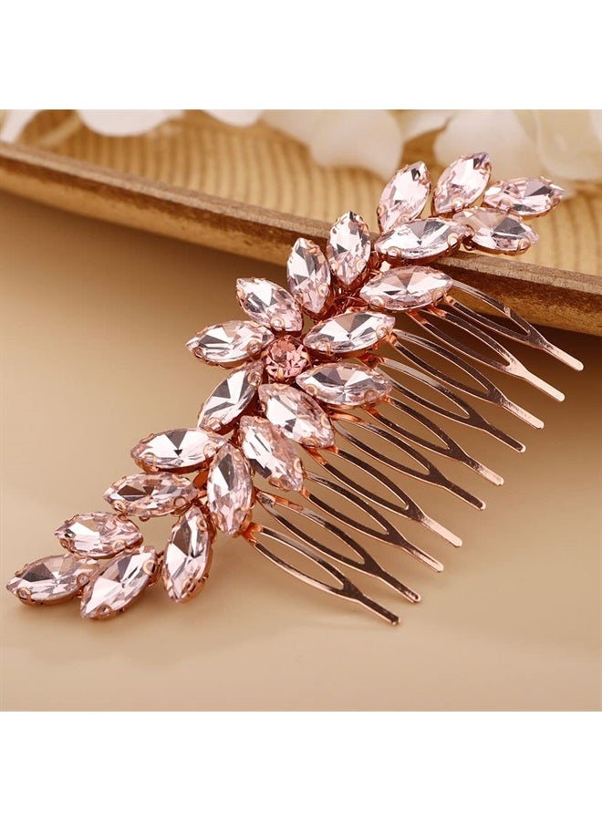 Chargances Crystal Bride Wedding Hair Comb Pink Rhinestone Headpiece Fashion Handmade Hair Accessories for Bridal Wedding Prom Flower Girl (Pink) - Image 1
