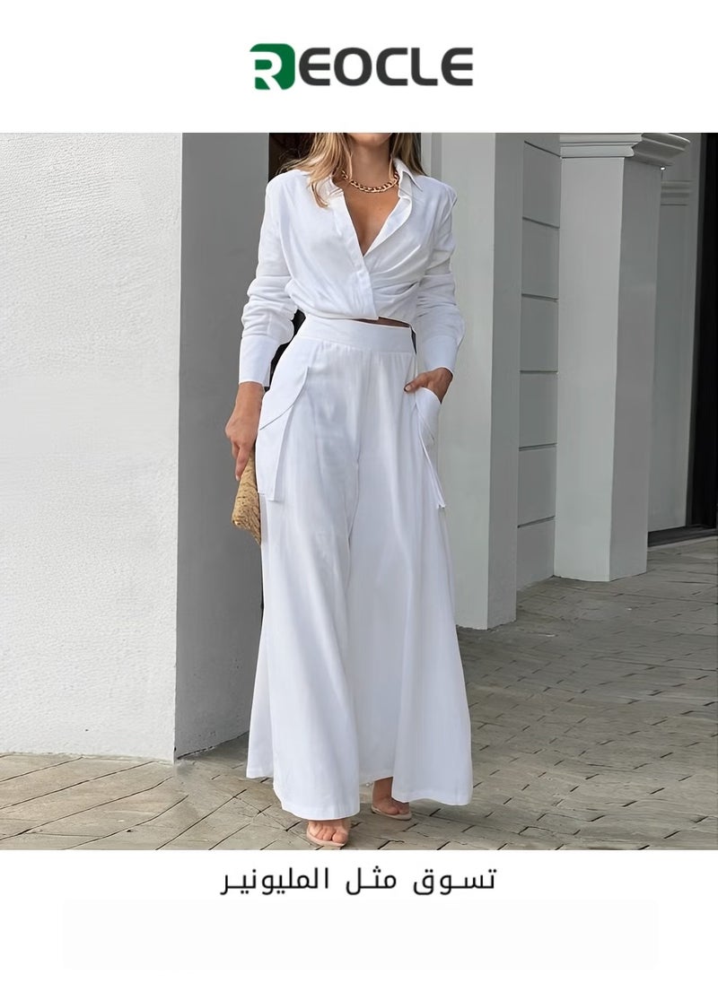 Spring and Autumn Women's Casual Two-piece Solid Color Temperament Commuting Loose Pocket Fashion Casual Suit Slim Waist